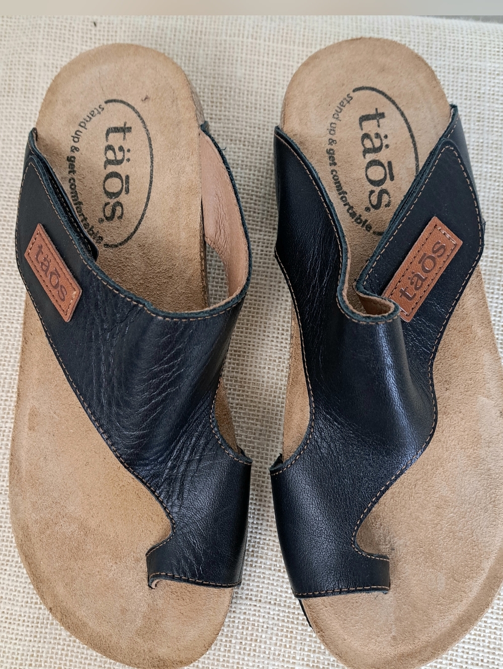 taös LOOP Black Leather Slide Sandals with Tan Cork Footbed Sz6-6.5